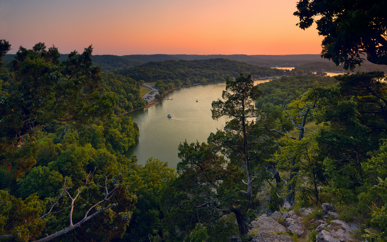 лес, закат, природа, деревья, lake of the ozarks, озеро, панорама