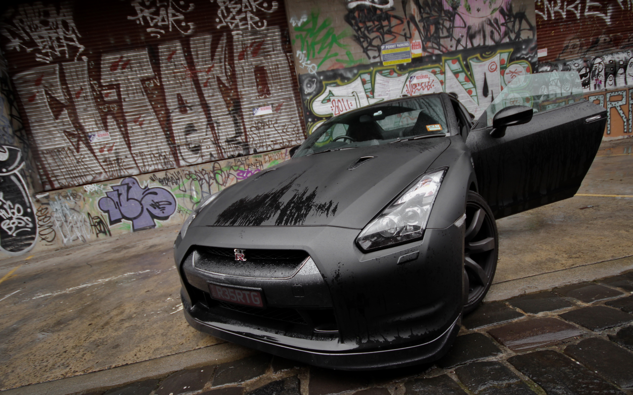 black, nissan, передок, gt-r, мокрая, граффити