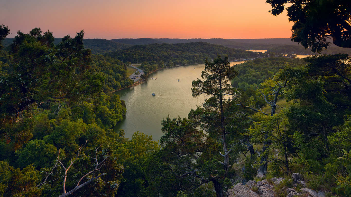 лес, закат, природа, деревья, lake of the ozarks, озеро, панорама