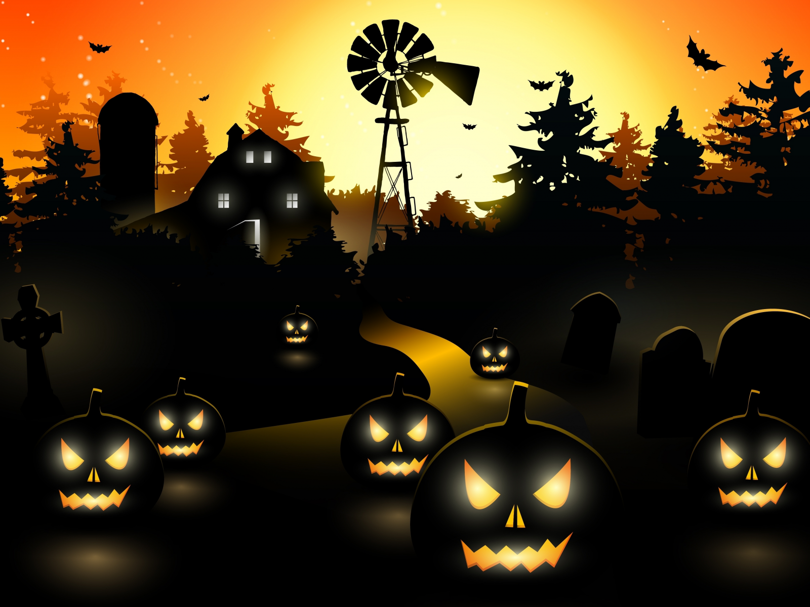 pumpkin, bat, vector, creepy, holiday halloween, trees, midnight, horror, scary town