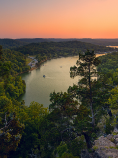 лес, закат, природа, деревья, lake of the ozarks, озеро, панорама