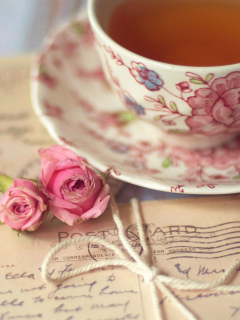 розовые, чашка, чай, цветы, открытки, розы, бант, письма