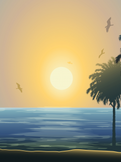 пальмы, море, закат, чайки, солнце