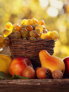 осень, свет, природы, корзина, дары, фрукты, стол, еда