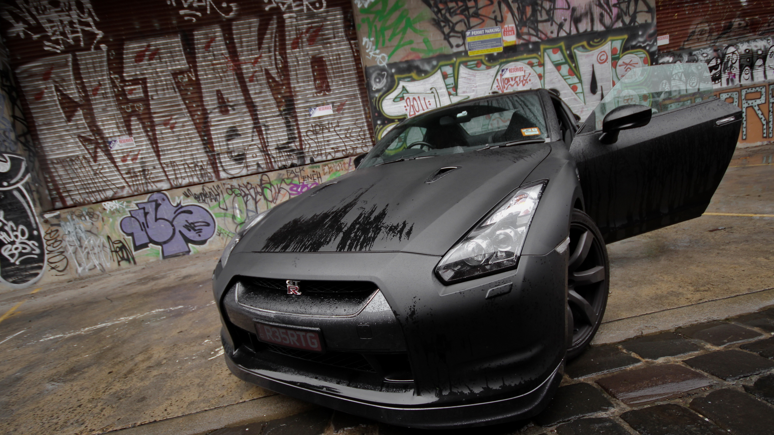 black, nissan, передок, gt-r, мокрая, граффити