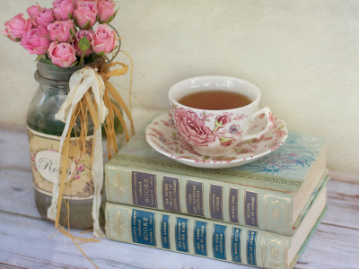 банка, розовые, чашка, розы, цветы, книги, чай