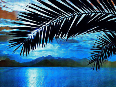 пальмы, море, живопись, картина, горы., painting, ветка, арт