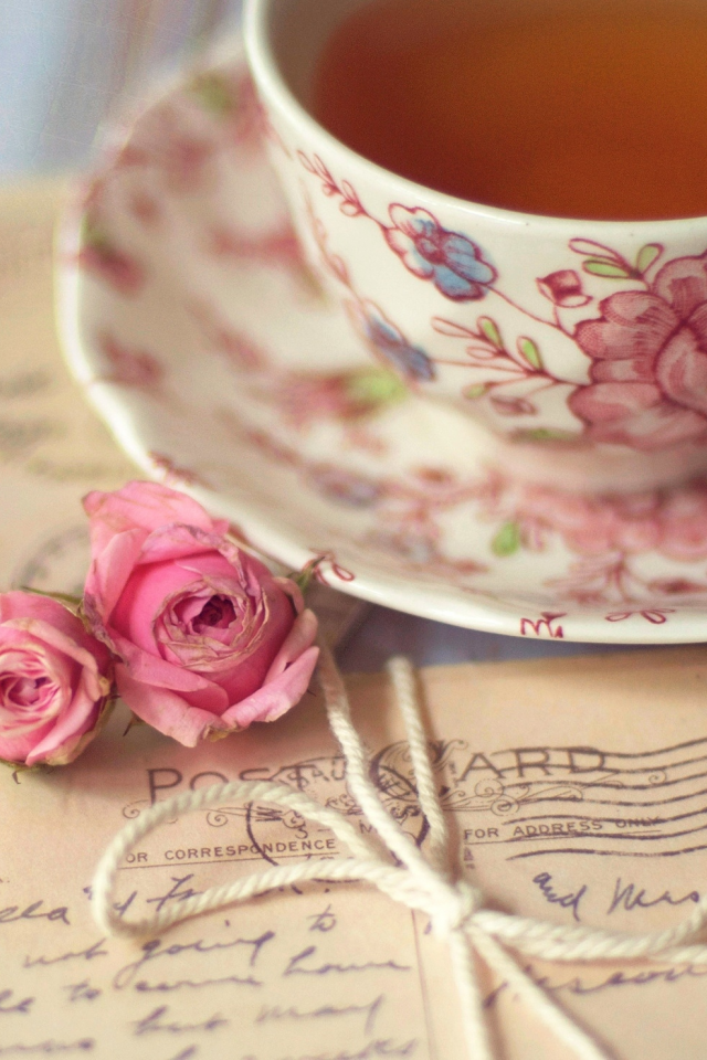 розовые, чашка, чай, цветы, открытки, розы, бант, письма