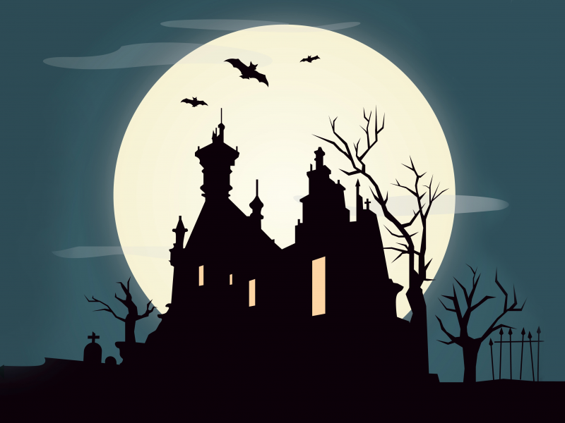 vector, trees, october, holiday halloween, castle, creepy, full moon, horror, graveyard, scary, bat
