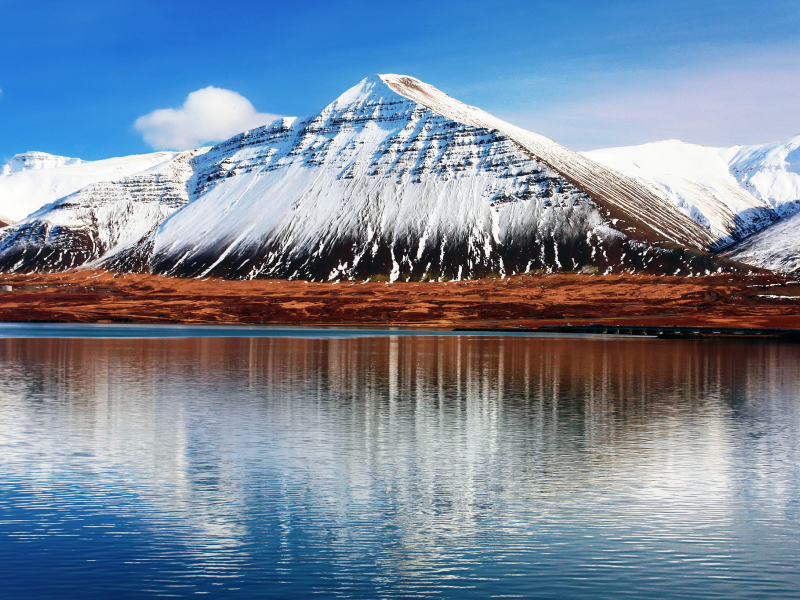 отражения, облака, небо, гора, исландия, hafnarfjall, вода