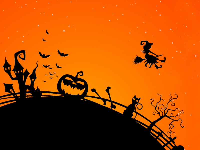 scary city, halloween, creepy, vector, horror, midnight , bat, witch ghost, trees, evil cat