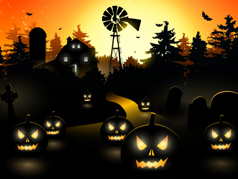 pumpkin, bat, vector, creepy, holiday halloween, trees, midnight, horror, scary town