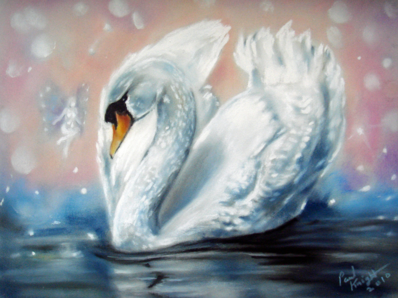 фея, белый, крылья, живопись, лебедь, вода