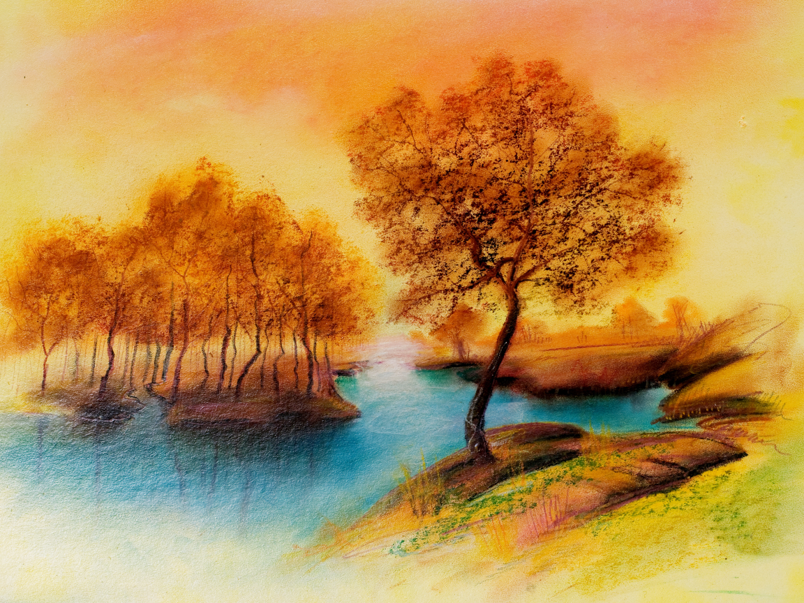 рисунок, деревья, пейзаж, осень, река, покой