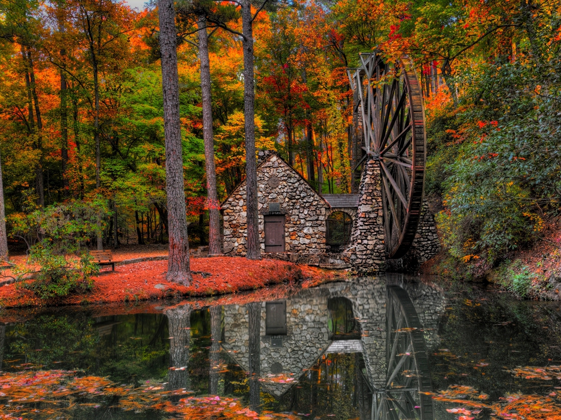 river, hdr, water mill, trees, water, autumn, park, leaves, alley, mill, walk, view, forest, nature