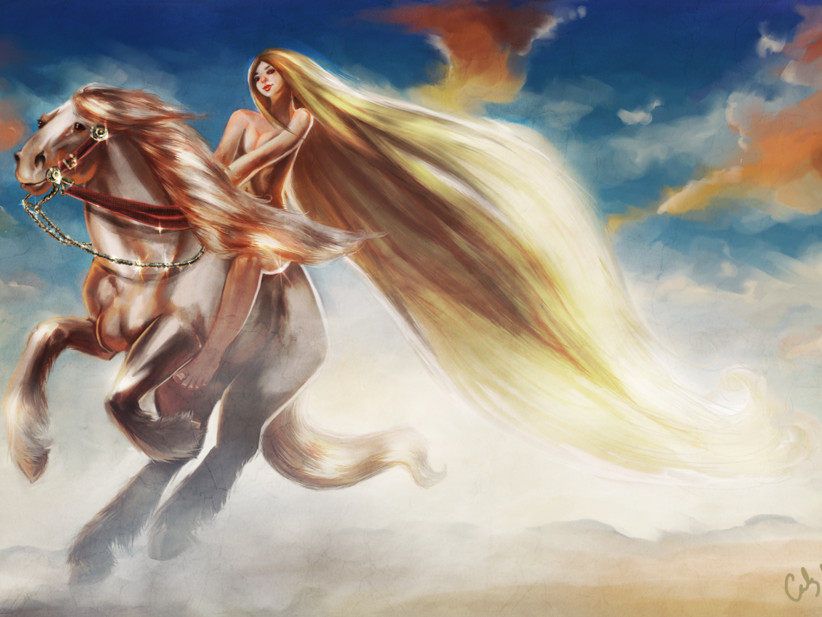 lady godiva, длинные волосы, девушка, скачет, арт, конь