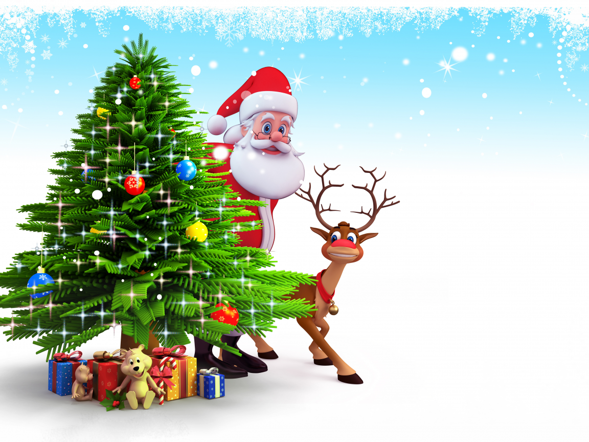 new year, christmas, gifts, 3d, рождество, santa claus, reindeer, snow, christmas tree
