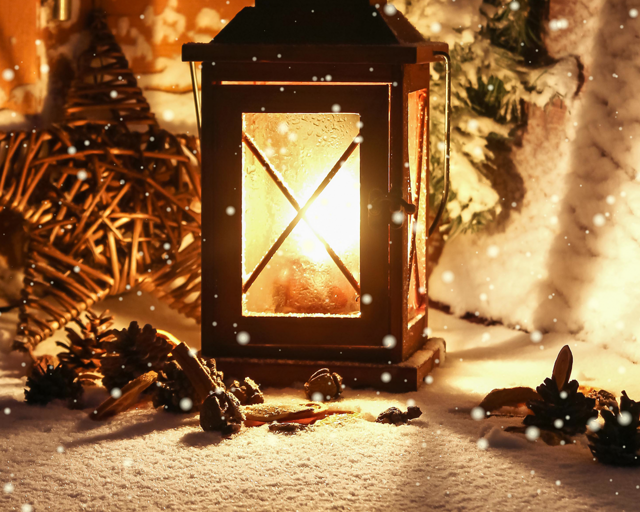 зима, шишки, свет, снег, фонарь, фонарик, свеча