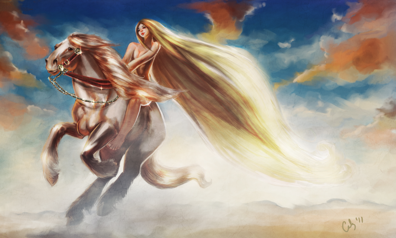 lady godiva, длинные волосы, девушка, скачет, арт, конь