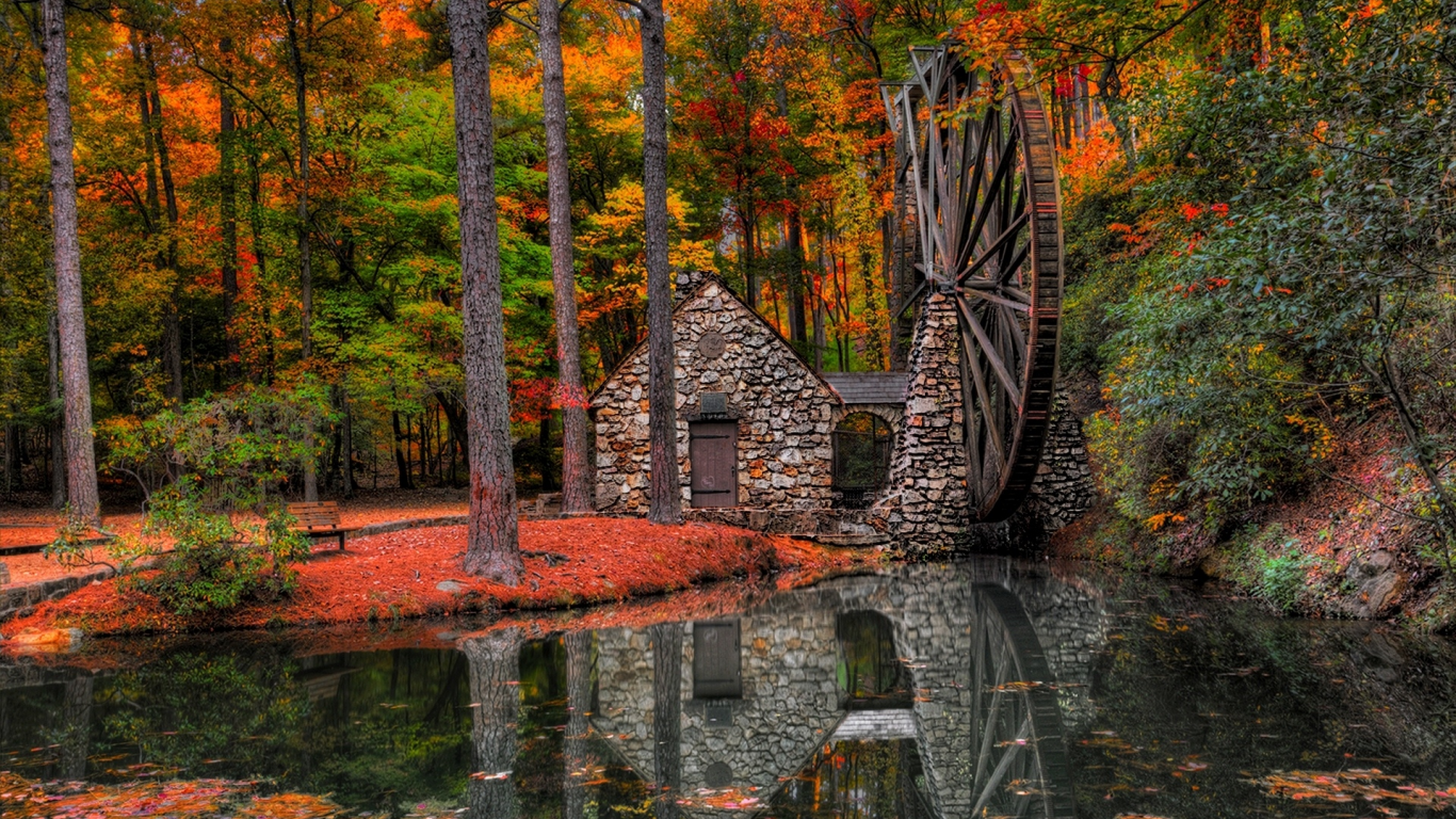 river, hdr, water mill, trees, water, autumn, park, leaves, alley, mill, walk, view, forest, nature