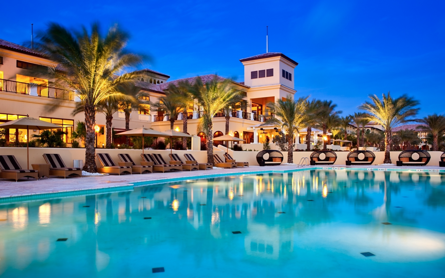 бассейн, лежаки, отель, exterior, hotel, curacao, pool, вечер, grand hayatt