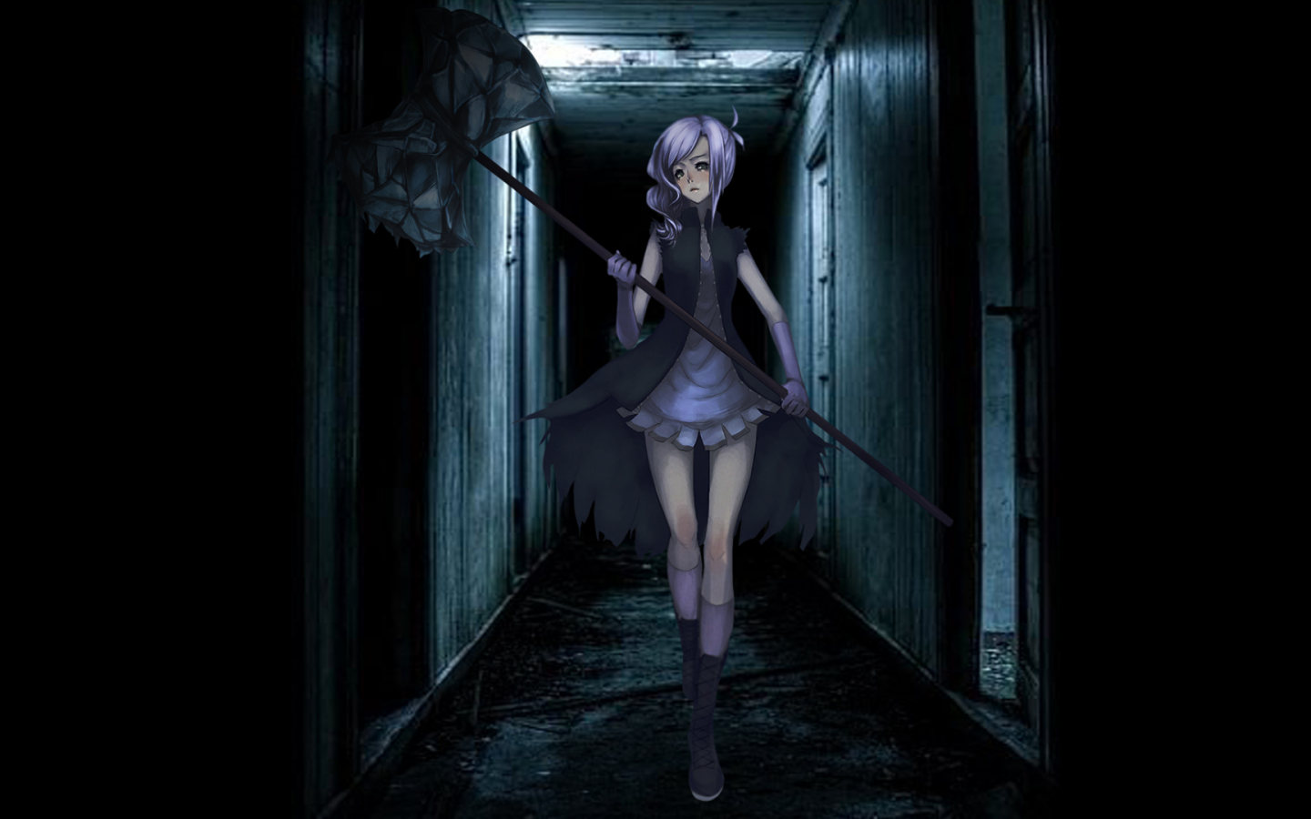 Аниме, девушка, готика, темный коридор, оружие, лед, фиолетовые волосы