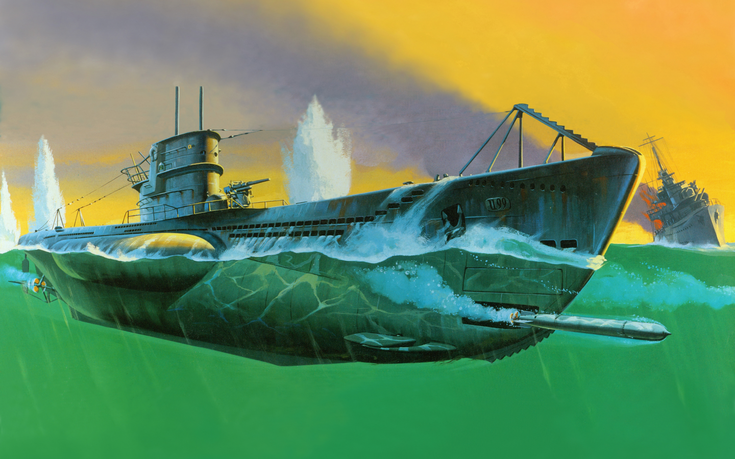 арт, подводная лодка, бой, рисунок, u - 99