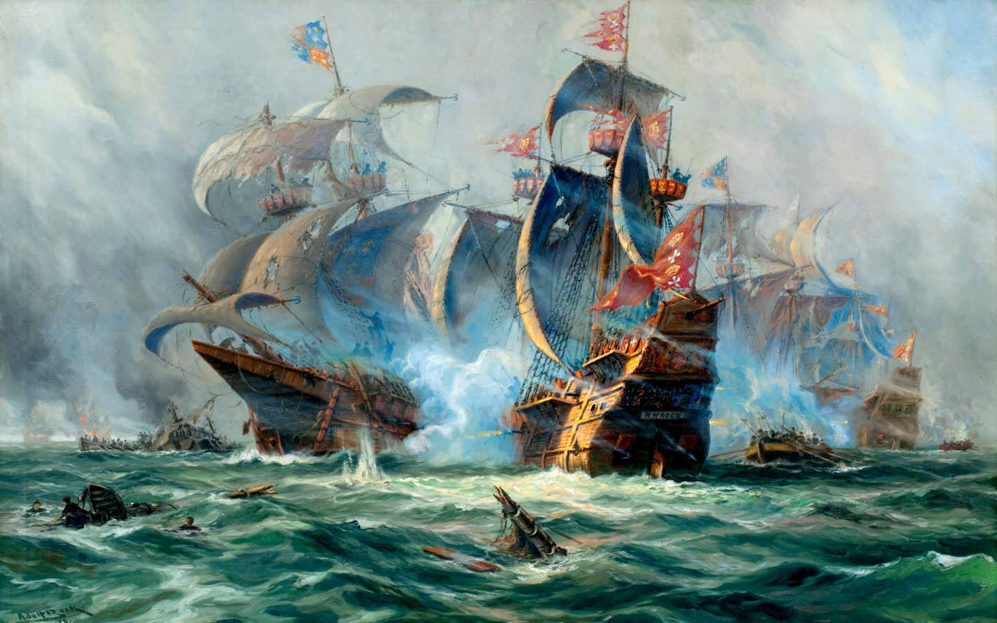 морская баталия, корабли, парусники, дым, выстрелы