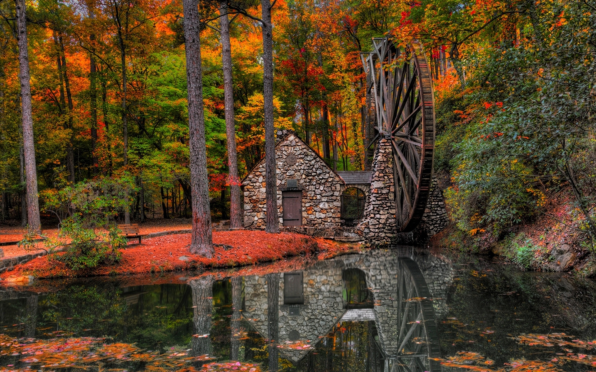 river, hdr, water mill, trees, water, autumn, park, leaves, alley, mill, walk, view, forest, nature