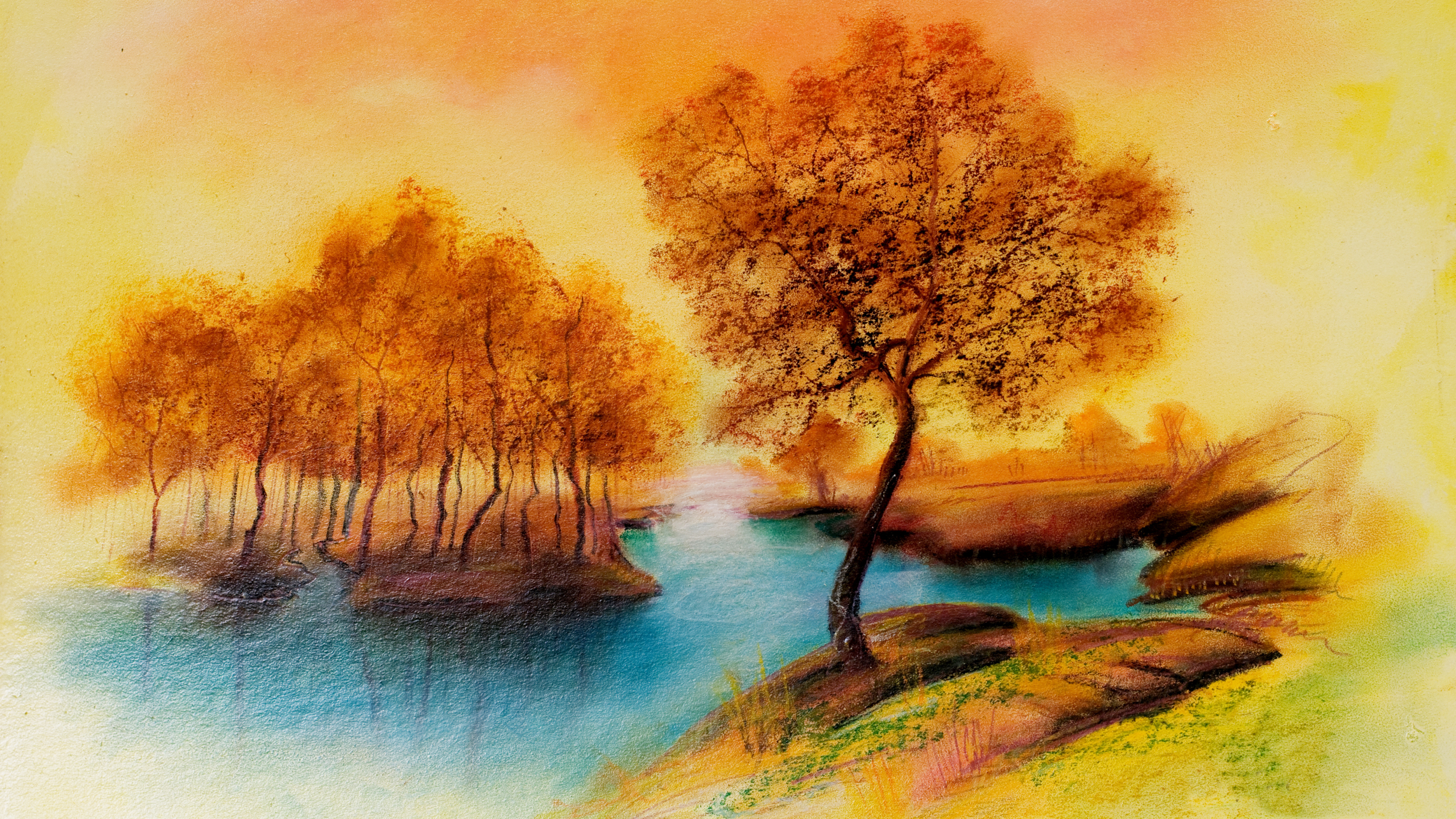 рисунок, деревья, пейзаж, осень, река, покой