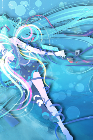аниме, девушка, Мику Хатсуне, Miku, вода, пузыри, море, голубые волосы, крылья