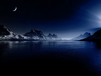 луна, затока, горы, ночь