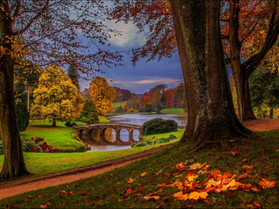 water, leaves, autumn, river, sky, view, trees, walk, park, nature, forest, fall, alley, hdr