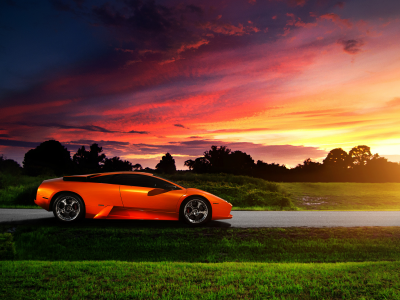 небо, блик, orange, profile, lamborghini, murcielago, закат