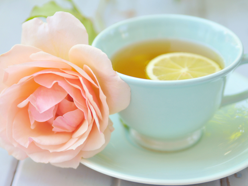 роза, чай, розовая, чашка, цветок, лимон, блюдце