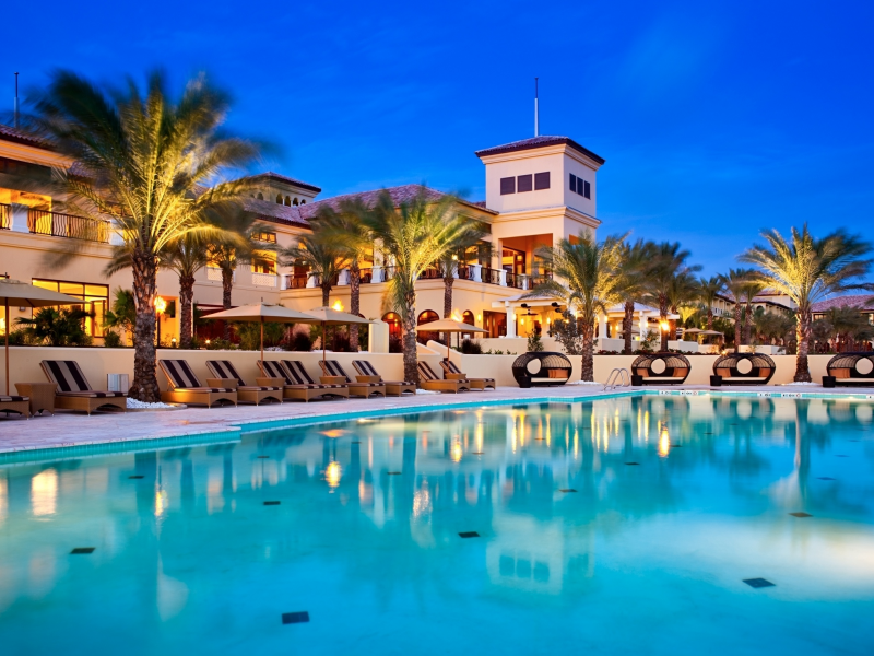 бассейн, лежаки, отель, exterior, hotel, curacao, pool, вечер, grand hayatt