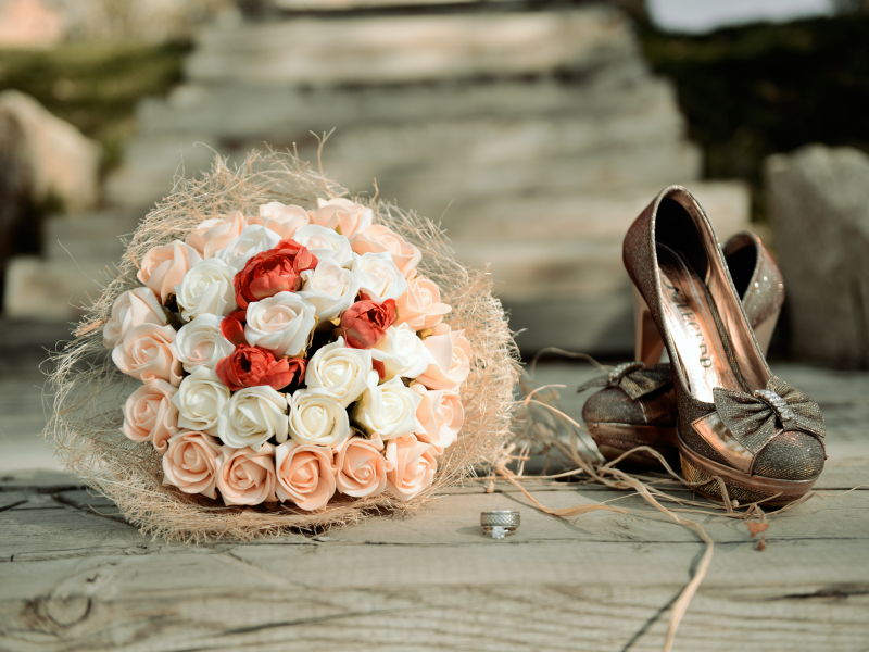 букет, цветы, свадебный, кольца, туфли, розы