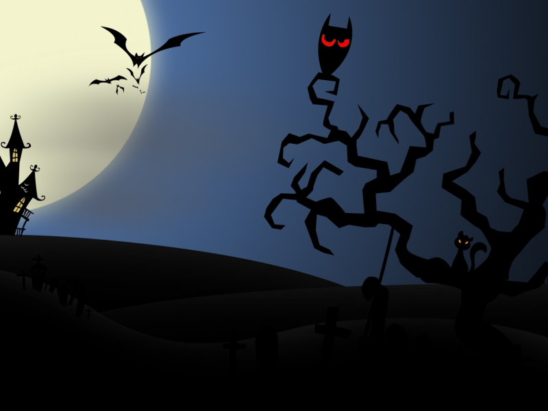 bats, owl, creepy, halloween, vector art, evil cat, house, midnight, scary, horror, full moon