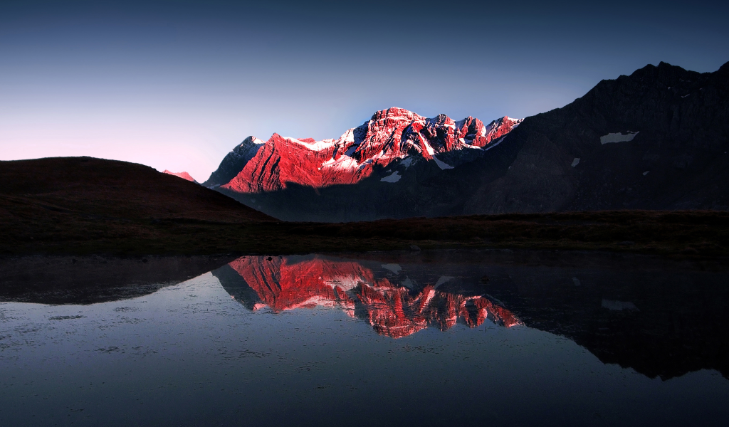 mountain, red, lake, snow, light and darkness
