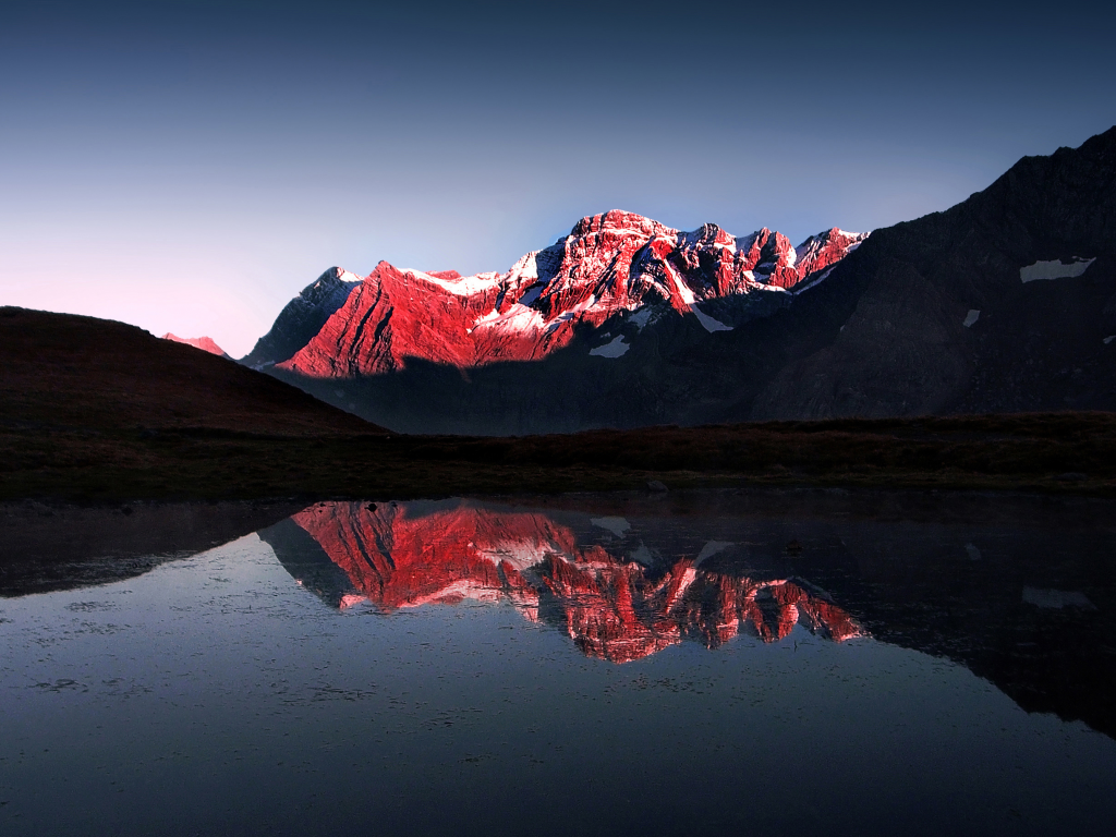 mountain, red, lake, snow, light and darkness