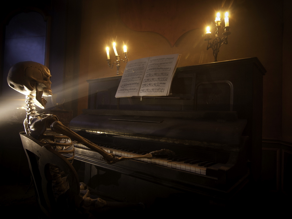 скелет, музыка, пианино