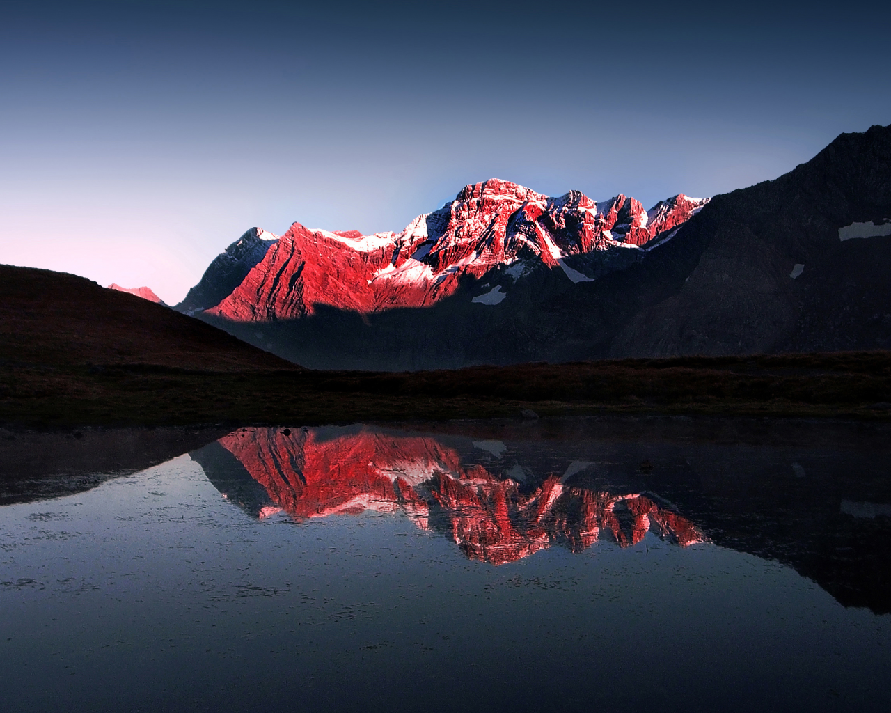 mountain, red, lake, snow, light and darkness