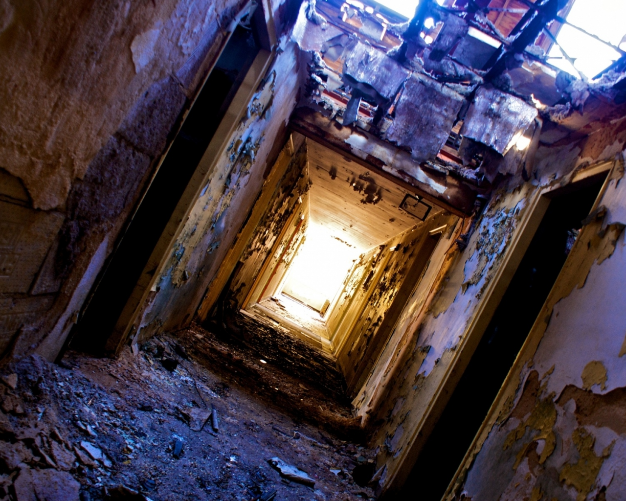 fallen roof, ruin , halls, doors, light at the end of the tunnel, dirt, heater, peeling walls