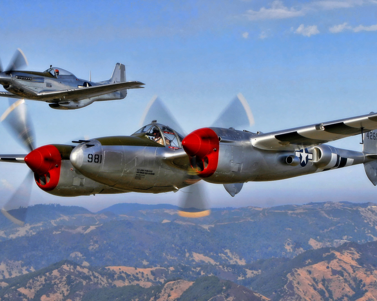 ww2, p-51, north american, небо, mustang, lighting, p-38g, истребитель, полет