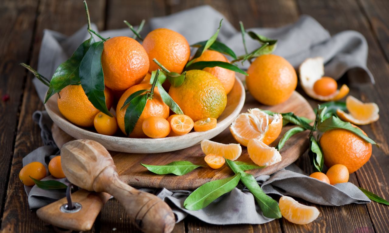 цитрусы, кумкват, мандарины, фрукты, оранжевые, листья