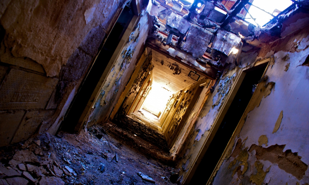 fallen roof, ruin , halls, doors, light at the end of the tunnel, dirt, heater, peeling walls