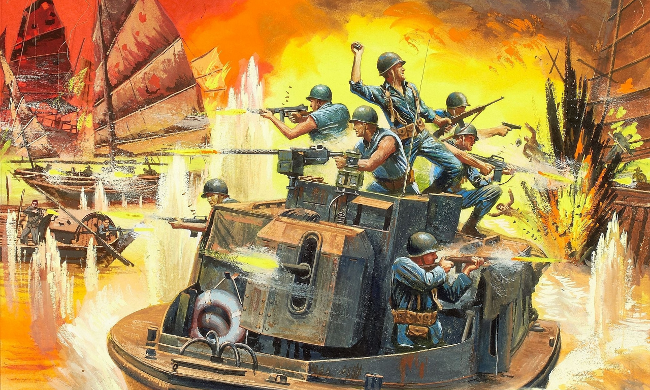 бронекатер, солдаты, река меконг, оружие, вьетнам, арт