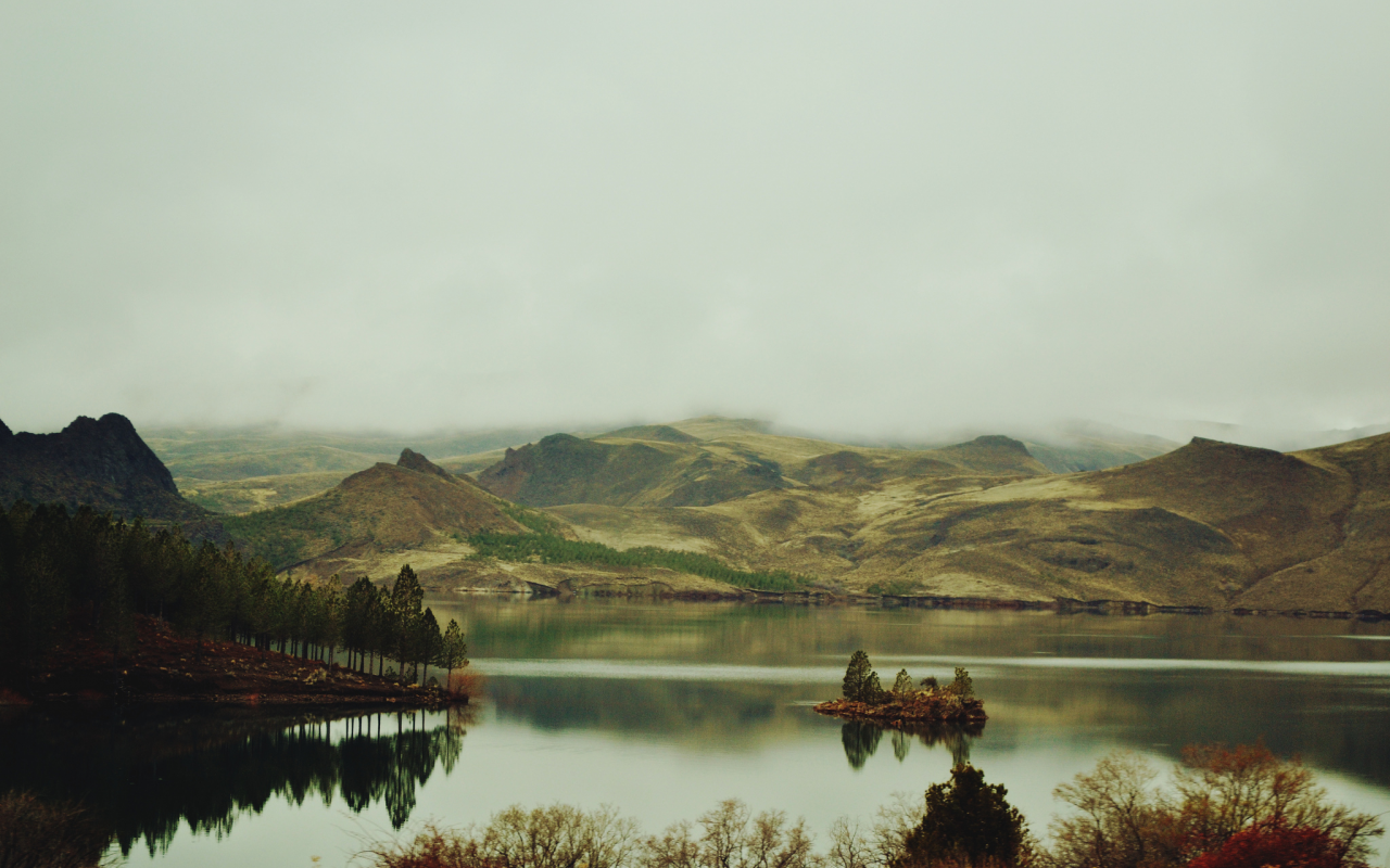 озеро, островок, деревья, горы, туман
