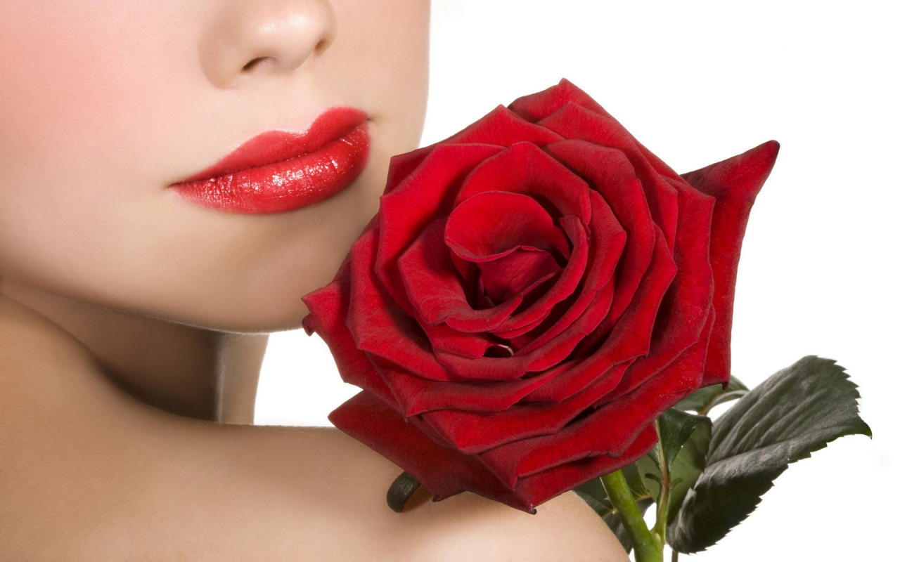 красная, цветок, губы, девушка, розы, цветы