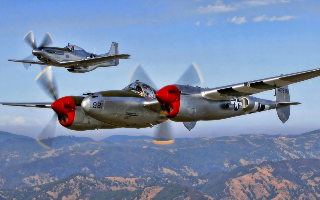 ww2, p-51, north american, небо, mustang, lighting, p-38g, истребитель, полет